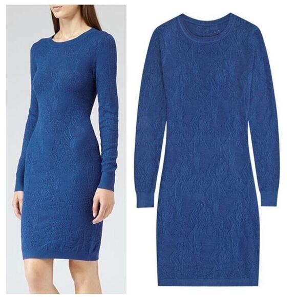 Reiss Bobbina Cobalt Pointelle Knit Long Sleeve Bodycon‎ Sweater Dress Medium - Picture 1 of 9